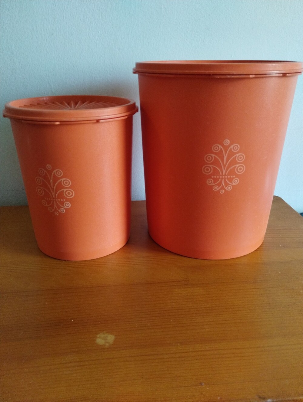 Tupperware Set of 2 Orange Decorative Plastic Canisters